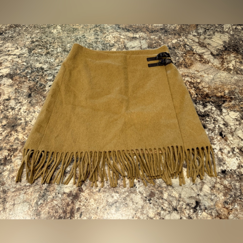 Fringe Trim Camel Wrap Skirt